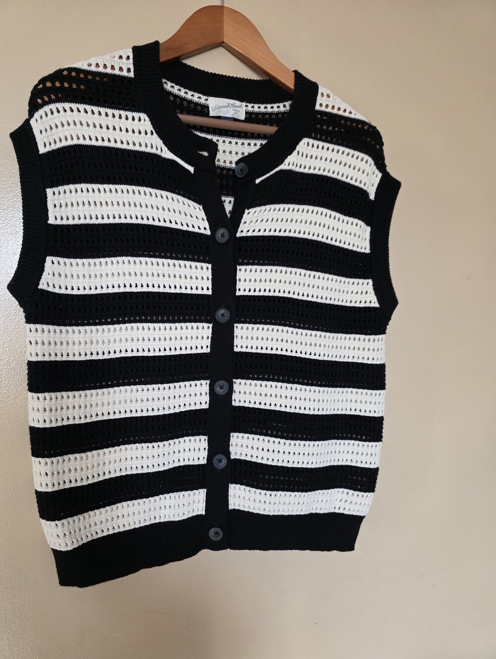 Universal Thread Sweater Vest S Striped Crochet Open Knit Coastal Grandma Preppy
